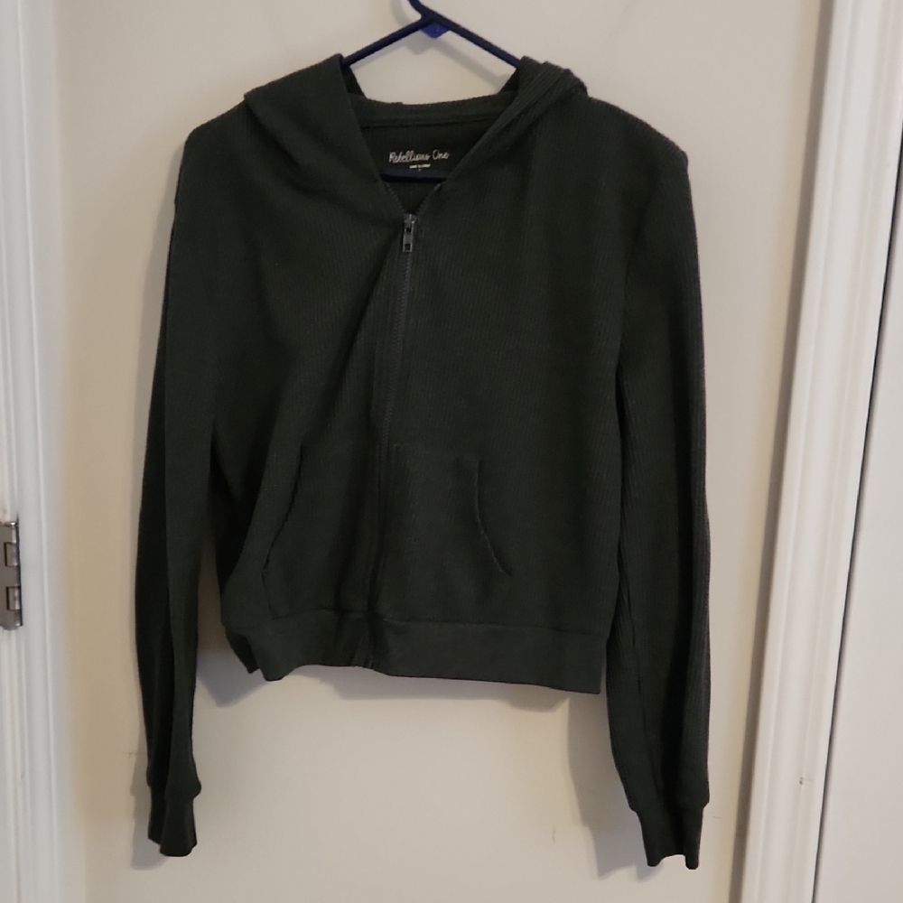 Rebellious One Gray Crop Zip Up Hoodie. Large